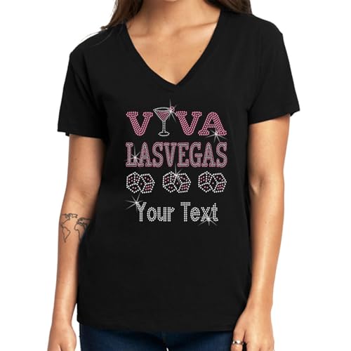 Personalized Custom Your Text Womens T-Shirt Rhinestone Bling Black Tee Las Vegas Dice Pink