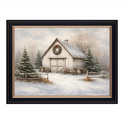 Framed Winter Barn with Wreath and Christmas Lights Canvas Print