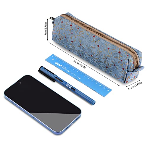 Firclfuy Pencil Case School Stationery Box for Girls Students Office Storage Pouch Makeup Bag for Women Zipper Organizer Small Pen Pouch Little Daisy Embroidered Pencil Bag Cosmetic Bag (Blue) - Image 2