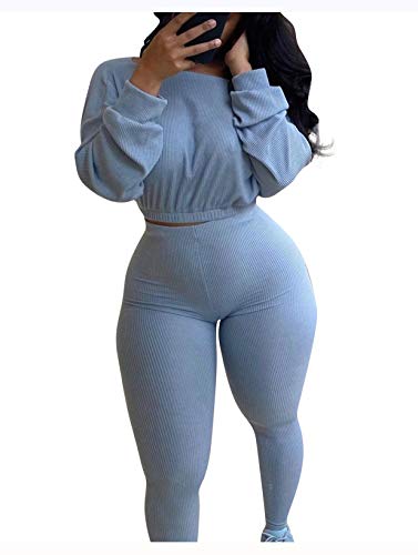 Annystore Women Ribbed 2 Piece Outfits Long Sleeve Fall Pullover Crop Tops Long Pants Set Bodycon Sweatsuits Tracksuit Blue Grey M #TOP1