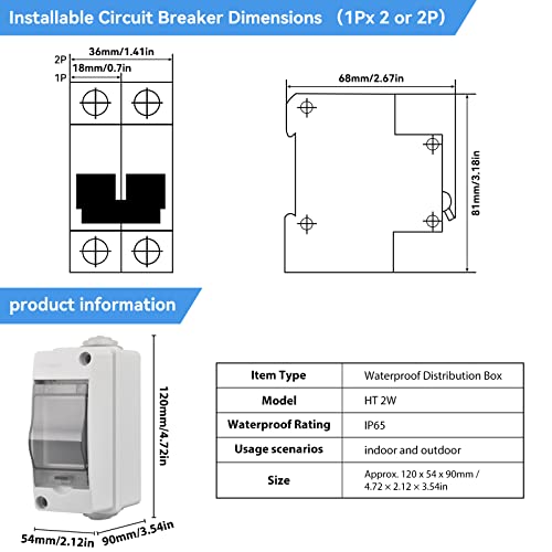 Image of IP65 Waterproof 2-Way Distribution Box with DIN Rail | ABS Shell,Indoor /Outdoor Use ,Circuit Breaker Compatible,Size 4.72x3.54x2.13in