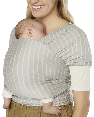 Image of Ergobaby Sustainable Knit Aura Baby Carrier Wrap for Newborn to Toddler (8-25 lbs) - Comfortable, Ergonomic, & Ultra-Soft Newborn Wrap Carrier - One Size Fits Most - Rayon, Grey Stripes