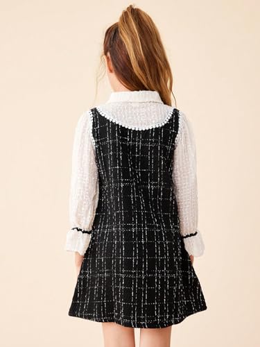 Image of WDIRARA Girl's Plaid Print Bow Front Tweed Dress Flounce Long Sleeve Mock Neck Cute Elegant Short Dresses Black and White 11-12Y