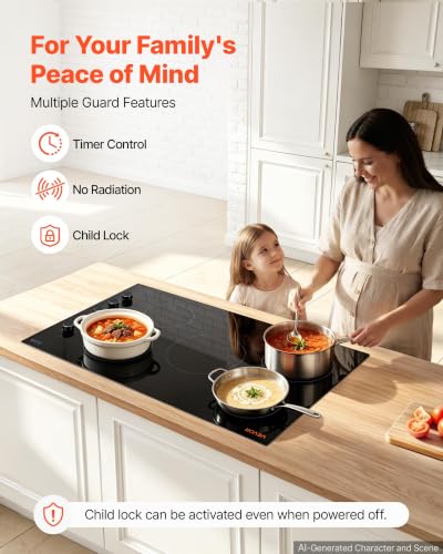 Image of VEVOR Electric Cooktop 36inch 5 Burners Stove Top 8800W 220V No Plug, Ceramic Built-in Radiant Electric Stove, with 11 Power Levels, Timer, Child Lock, Over-Heat Guard, Knob /Touch Control