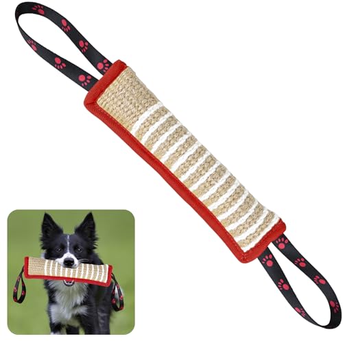 ドッグタグトイ ドッグバイトジュートピロープルトイ 2つの強力なハンドル付き 綱引き、子犬のインタラクティブプレイ、破れにくい噛み付きトレーニングトイ 小中大型犬用(赤の足跡)