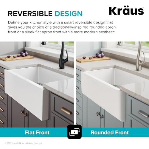 KRAUS KFR1-33GWH Turino Reversible 33-inch Fireclay Farmhouse Flat Apron Front Single Bowl Kitchen Sink with Bottom Grid in Gloss White - image 4