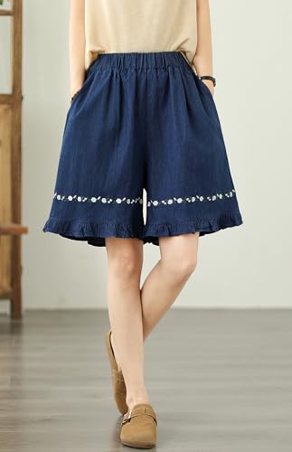 LAI MENG FIVE CATS Women's Summer Loose Casual Jeans Elastic Waist Wide Leg Denim Short Pants4