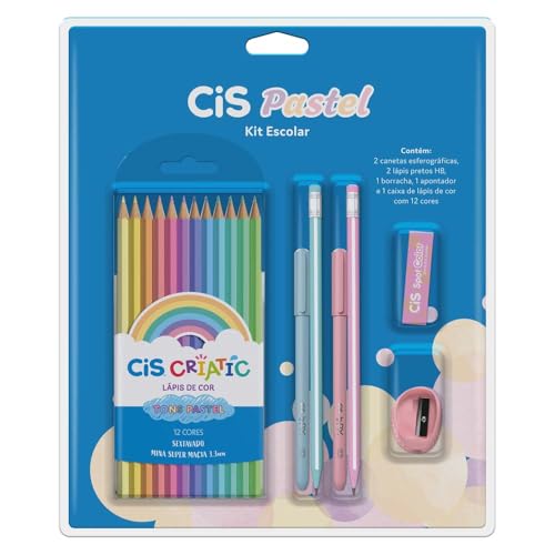 Kit Escolar CIS Pastel 7 peças - 2 canetas esferográficas, 2 lápis pretos HB, 1 borracha, 1 apontado