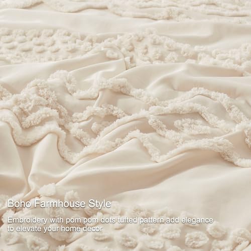 Image of Luxudecor Beige Tufted Comforter Set Queen Size 3 Pieces Boho Shabby Chic Comforter Farmhouse Embroidery Bedding Set Soft Comforter for All Seasons (Beige, 90''x90'')