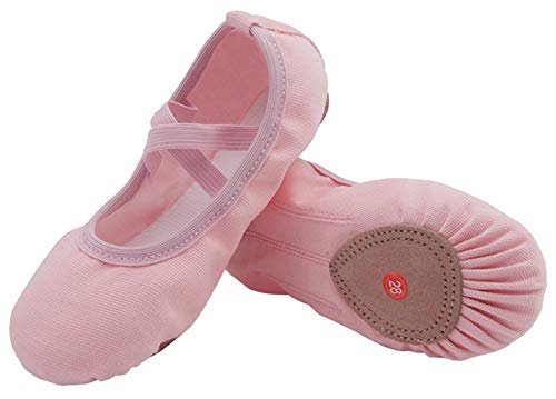 Acfoda Leinwand Ballettschuhe Mädchen Flache Ballettschläppchen Kinder Leicht Weich Schläppchen Ballerinas Tanz Gymnastik Schuhe mit Geteilter Ledersohle Rosa Gr.30