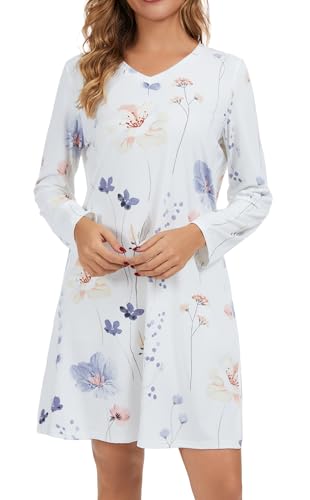 2 Pack Long Sleeve Nightgowns for Women Soft Cotton Night Gowns Sleepwear V Neck Nightshirts3