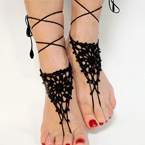 Aularso Layered Wedding Anklets Shoes Crochet Barefoot Sandals Ankle Bracelets Lace Ring Foot Chain Beach Feet Jewelry For Women And Girls (2Pcs) (Black) #TOP6