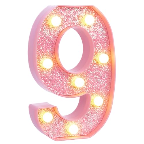 Image of Pink Light Up Marquee Numbers, Glitter LED Number Lights Signs Battery Operated for Girls 9th 19th 29th Pink Birthday Party Table Decorations, 8 Inch Tall Number 9 with Warm White Lights