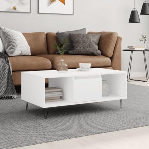Table Basse with Bois d’Ingénierie, Design Moderne, Grand Espace de Rangement, Coffee Table, Tables de Salon, pour Salon, Blanche, 90 x 50 x 36.5 cm