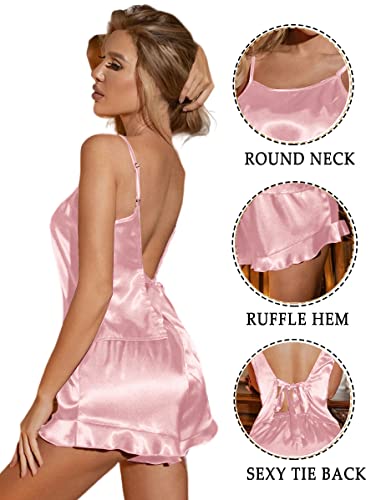 Ekouaer Silk Pajamas Set Women Satin Sleepwear Ruffled Camisole Shorts Pjs Nightwear Pink #TOP1