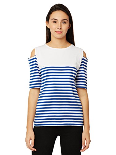 Image of Miss Chase Women's Navy Blue and White Round Neck Half Sleeves Striped Cold Shoulder Top