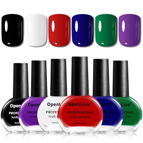 OpenLive 10ml Nail Polish Set 6 Colors Black White Red Deep Blue Dark Green Deep Purple All Seasons Neutral Color Quick Dry Nail Polish Set for Women Salon DIY Nail Art