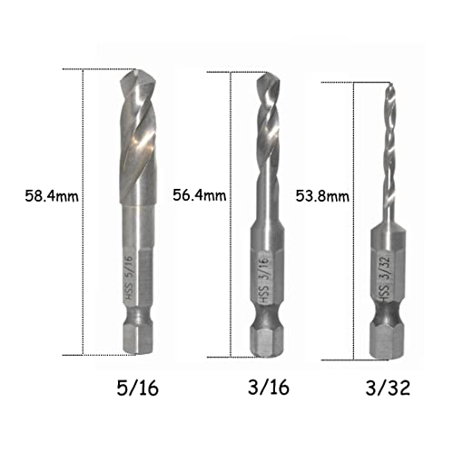 Seonfook 5Pcs Stubby Drill Bit Set Short Drill Bits Hss 4241 Steel 1/4" Quick Change Hex Shank 3/32, 1/8, 3/16, 1/4, 5/16 Inch For Woodworking #TOP1