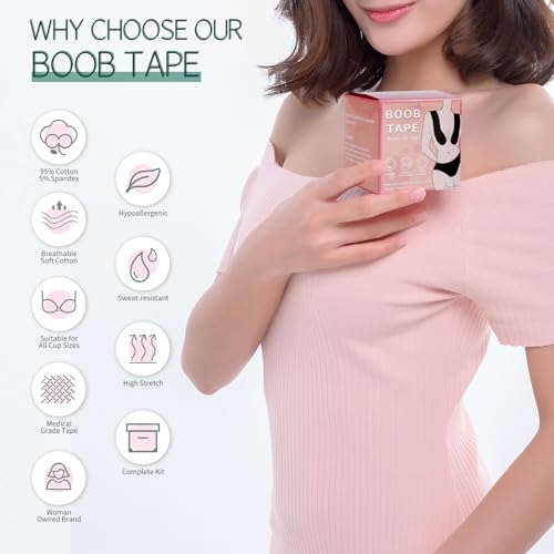 Boobytape for Breast Lift Plus Size 6 inch, Extra Large Boobs Tape Adhesive Bra Tape, Breast Tape Lifting Large Breast D-G Cup Push Up Tape with Nipple Covers Satin Nipple Pasties Cream2