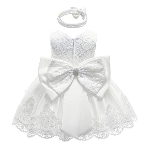 Gaga city Princesse Robe Fille Bowknot Baptême Première Communion Robe Enfant Fleurs Tutu Fête d'anniversaire Robe en Tulle avec Intérieur Coton Blanc + rose/6-9 Mois Cover