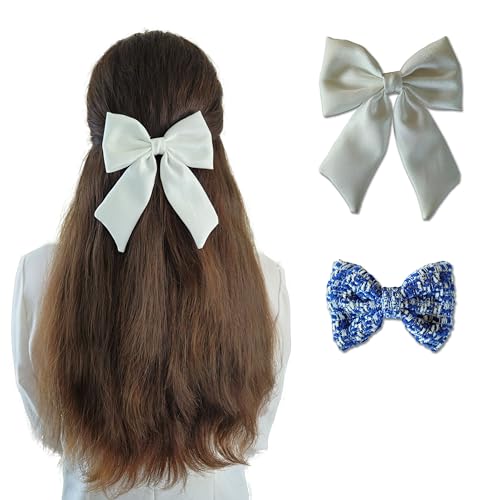 Chic Handmade Blue & White Hair Bow Barrettes - Set of 2 | Stylish Hair Clips for Women & Girls, Elegant Hair Styling Accessories
