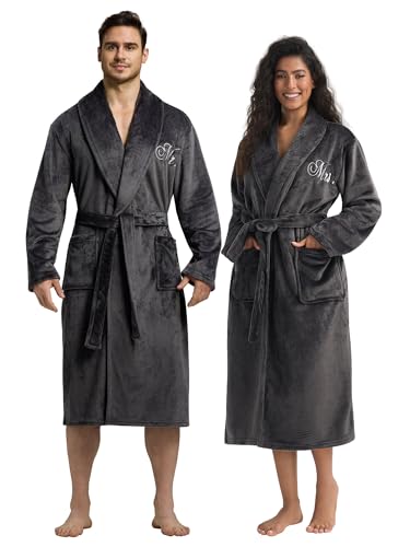 AW BRIDAL 2Pack Mr and Mrs Robes for Couples Set Fleece Couples Bathrobes for Him and Her Personalized Anniversary Robe for Men and Women Engagement and Wedding Gifts for Newlywed Grey