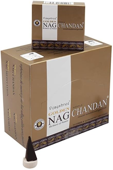 Vijayshree Golden Nag Chandan Masala Sandalwood Natural Dhoop Incense Cone, 14X12X7 cm, Black - Pack of 12 Pkt of 10 Cones Each