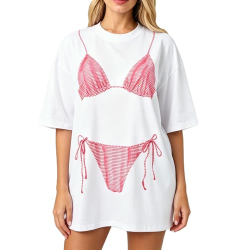 Womens Bikini Shirt Y2k Oversized Graphic Tee Shirt Summer Short Sleeve Crewneck Loose Tshirts Teen Girls Funny Beach Tee Top Streetwear
