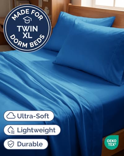 Image of Twin XL 4 Piece Sheet Set - College Dorm Room Essentials - Royal Blue | Ultra Soft Dorm Bedding Set, 8 inch to 16 inch Inch Deep Pockets, 1 Flat & 1 Fitted Sheet & 2 Pillowcases, Wrinkle & Fade Free