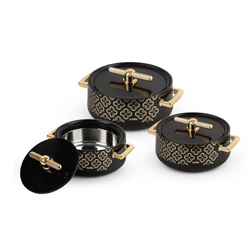 CELLO Jewel NX Insulated Casserole Set of 3 Pcs (500ml, 1000ml, 1500ml) Black | Double Wall Insulated Hot Pot Case Keeps Food Hot & Warm For Long Hours, Casserole Hot Pot Set For Roti, Chapati, Rice