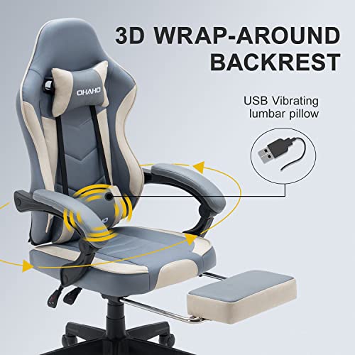 Ohaho Gaming Chair Racing Style Office Chair Adjustable Massage Lumbar Cushion Swivel Rocker Recliner Leather High Back Ergonomic Computer Desk Chair With Footrest (Grey) #TOP4