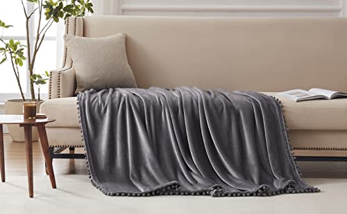 Harborest Fleece Bed Blanket With Pompom Fringe Queen Size Dark Grey Blanket,Lightweight Breathable All Season Blanket For Bed, Couch, Travel,90"X90" #TOP2