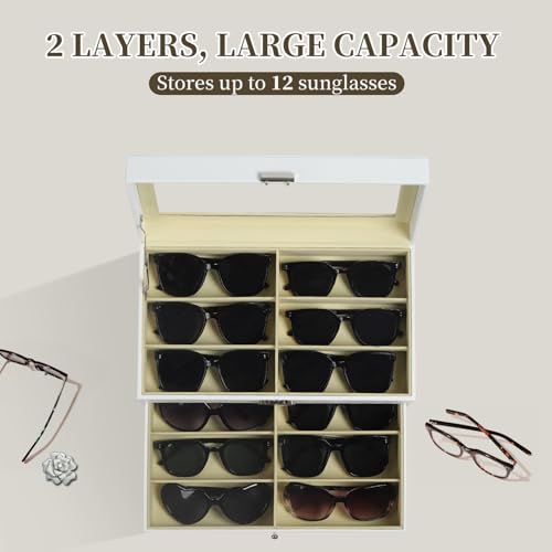 Image of AUTOARK Leather 12 Piece Eyeglasses Storage Display Case,White,AW-053 | Sunglass Organizer,Drawer Lockable,Display Drawer