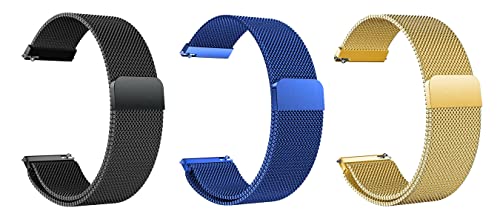 Image of ACM Pack of 3 Watch Strap Magnetic Loop 20mm compatible with Compaq Q Watch Smartwatch Metal Chain Band (Black /Blue /Champagne Gold)