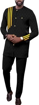 African Suit for Men Cotton Long Sleeve Dashiki Outfit Top Pant 2 Pieces Set Clothing Traditional Ethnic Suit Color Black, Size Small