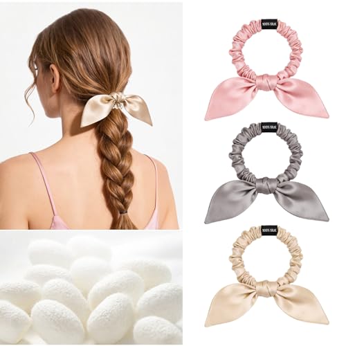 Image of THXSILK 100% Mulberry Silk Bow Scrunchies 3-Pack, 22 Momme Mulberry Silk Hair Ties for Women, Cute Bunny Ear No Damage Ponytail Holders, Fashion Hair Accessories for Girls(S, Light Colors)