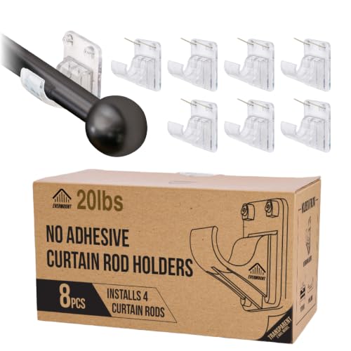 No Drill Curtain Rod Holders 8 Pack, 4 Windows, 0.75 in Rods, 20 lb/Pair | Pin mount, not adhesive: 2 stainless pins per holder, 20 lb per pair. 8 holders dress 4 windows.