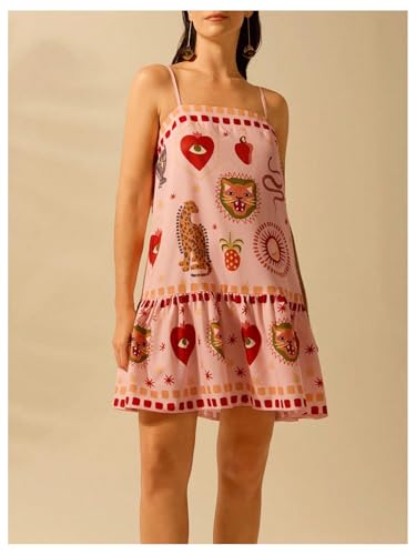 Women's Graphic Ruffle Hem Mini Vacation Dress Boho Spaghetti Strap Drop Waist Short Dresses2
