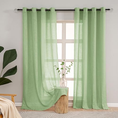 L.Z.E Rideau Vert Sauge Polyester Aspect de Lin Semi-Transparent pour Salon Chambre Salle à Manger 225 cm avec Œillets Lot de 2 (140x225cm)