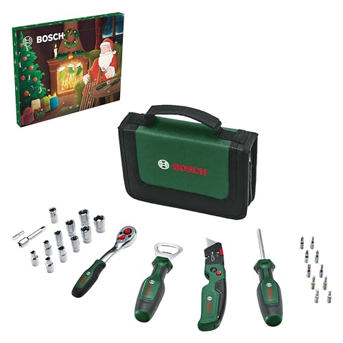 Bosch Adventskalender 2023 28-teilig für Heimwerker (Werkzeug-Set mit -Ratsche Universal-Schraubendreher Klappmesser Flaschenöffner Bits und Steckschlüsseleinsätze; in Aufbewahrungstasche)