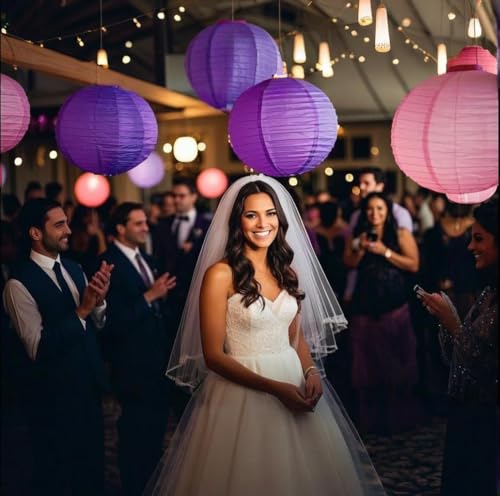 Image of Purple Pink Paper Lanterns Decorative 15pcs Party Hanging Decorations for Bachelorette Wedding Birthday Baby Shower Graduation Anniversary Lavender Themed Room Decor