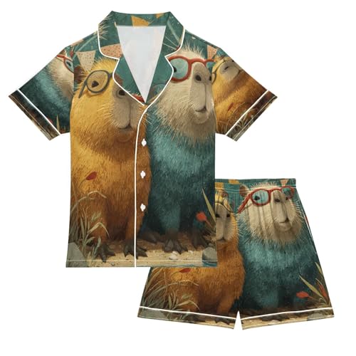 Satin Pajama Sets Short Sleeve Cute Adorable Capybaras Button Down Silky Nightwear 2 Piece PJS 5-14Y