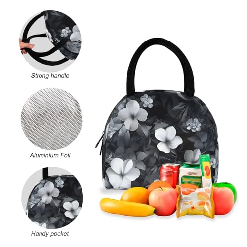 Backpack Lunch Bag Set White Black Floral Print, Big Storage Travel Backpacks with Insulated Lunch Box for Office Hiking Picnic4