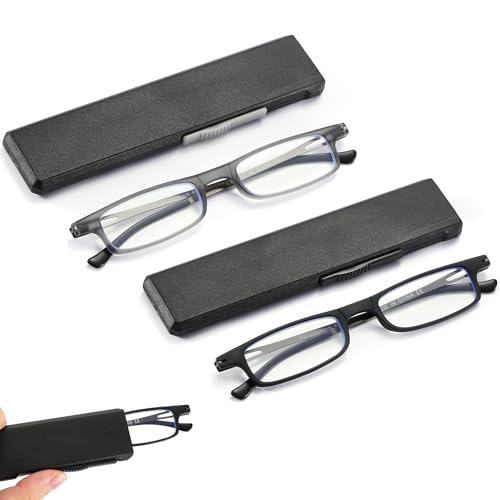 TOVEEN 2 Pack Compact Folding Reading Glasses Anti Blue Light UV, Ultra-thin Slim TR90 Readers with Portable Flat Case for Men Women Black/Gunmetal +2.0