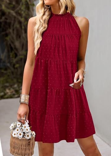 Image of KIRUNDO Summer Sundresses for Women Halter Dress Babydoll | Spring Sleeveless Halter Top, Flowy Tiered Pleated, Western Cute Country Concert, Beach Wedding Guest Vacation Cruise Dress
