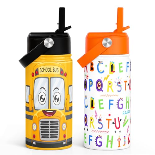 Image of SANDJEST Kid Water Bottle 12oz with Straw Lid - 2-Pack Insulated Stainless Steel Water Bottles for Kids Girls Boys - Travel Cup for Back to School Sports Christmas Birthday (Alphabet & School Bus)