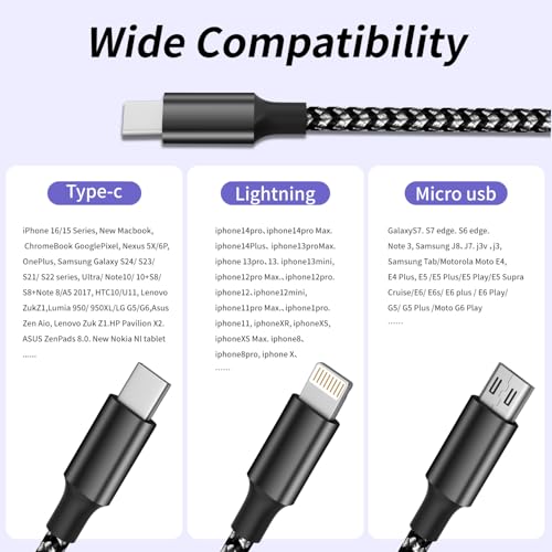 Image of 100W USB-C Multi Charging Cable with E-Mark Chip, USB C Cable Fast Charging | 3 IN 1 Universal Multiple Charger Cord with Type-C, Micro USB, IP Port for iPhone17-12 /Cell Phones /Car and More (2Pack 5FT)