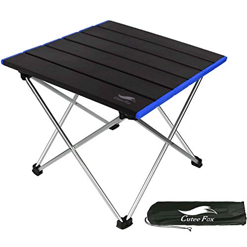 【アルミ ロールテーブル】 CuteeFox 【最新進化版】 ミニテーブル 軽量 アウトドア用 折りたたみ式 コンパクト キャンプ BBQ 登山 レジャー 折畳テーブル 専用収納袋付き G8 (黒青)