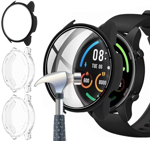 Acadeny Funda con protector de pantalla de vidrio templado compatible con Xiaomi Mi Watch, dureza 9H 360°, protección ultrafina, carcasa de PC para Xiaomi Mi Watch con escala, negro