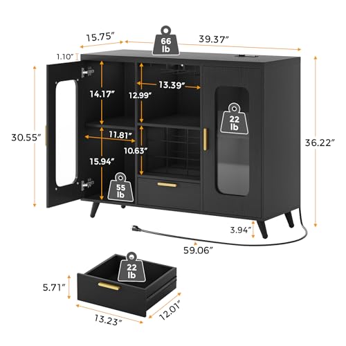 Bar Cabinet with Power Outlets, Modern Coffee Bar Sideboard with LED Light, Farmhouse Liquor Cabinet with Wine Rack, Glass Holder & Wine Storage, Black - Image 3